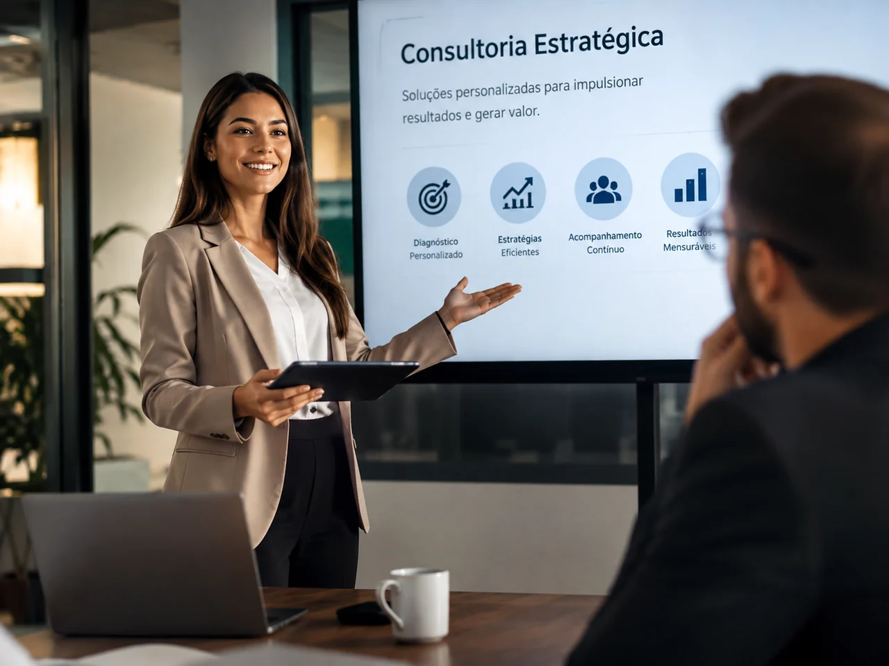 Consultora apresentando o plano de consultoria estratégica para o cliente na sala de reunião — sistema de agendamento para consultorias