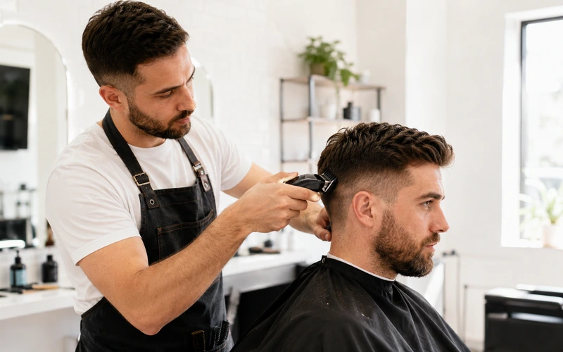 Barbeiro finalizando um corte de cabelo na barbearia