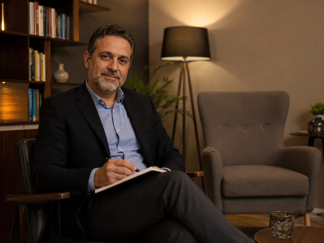 Consultório de psicanálise com a poltrona do analista e a poltrona do analisando lado a lado — sistema de agendamento para psicanalistas