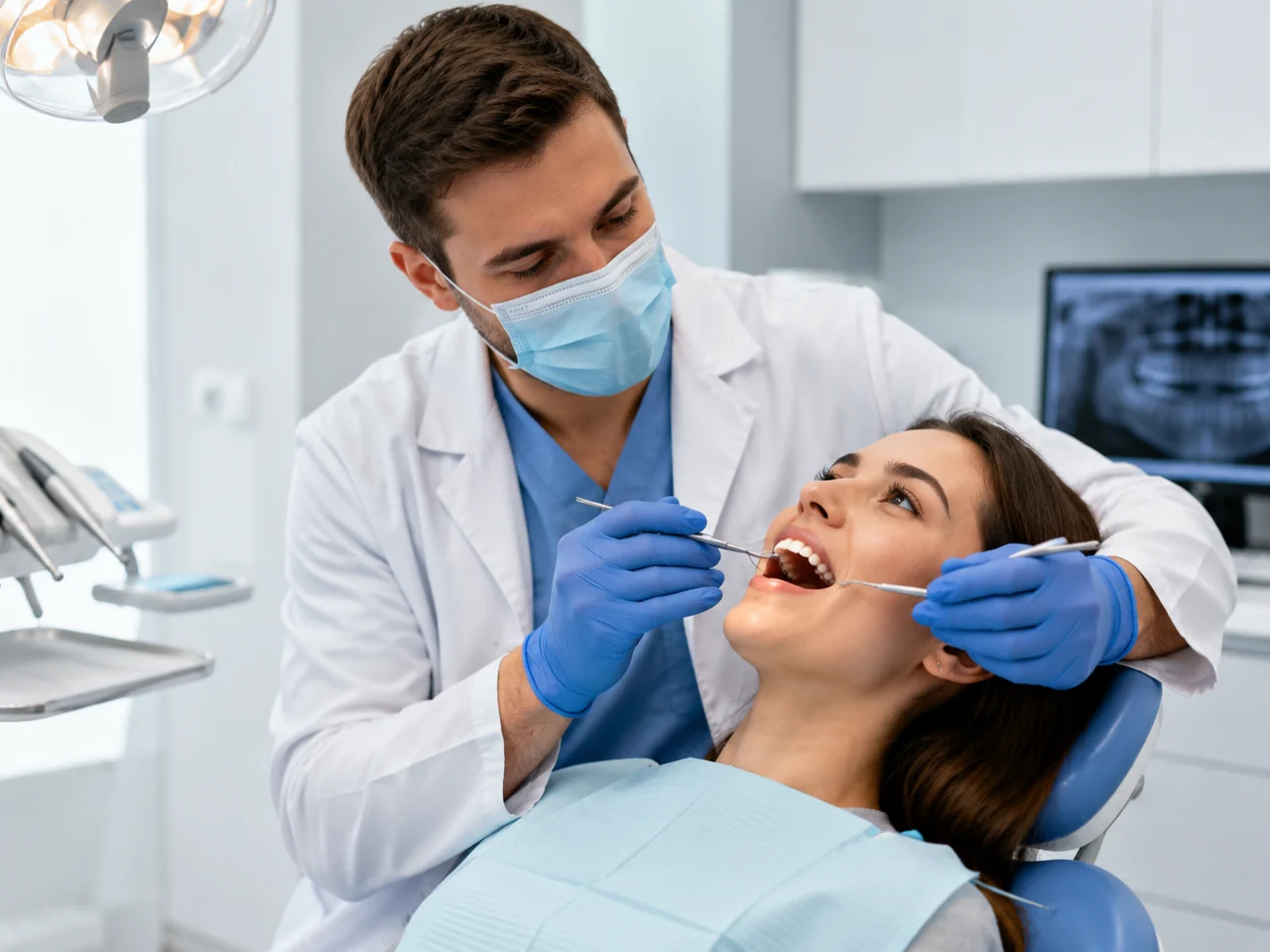 Dentista atendendo um paciente no consultório odontológico — sistema de agendamento online para dentistas