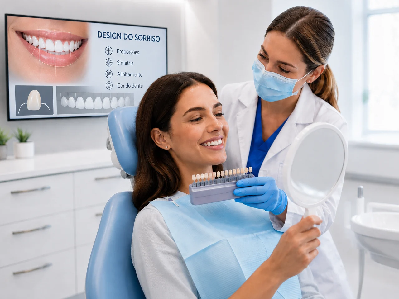 Dentista mostrando a escala de cor dos dentes para a paciente com o espelho, em consulta de planejamento do sorriso — sistema de agendamento para dentistas