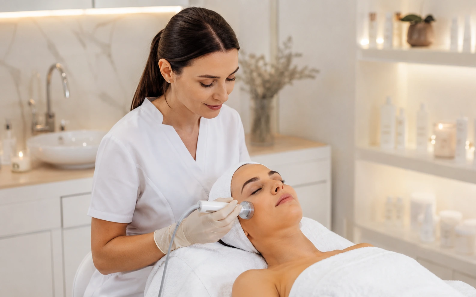 Profissional aplicando um tratamento facial em clínica de estética