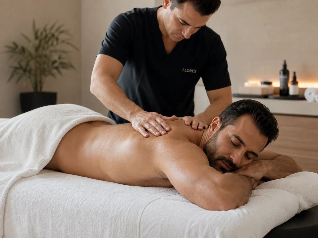 Massoterapeuta aplicando massagem terapêutica nas costas de um cliente durante sessão em espaço de terapias — sistema de agendamento para massoterapeutas