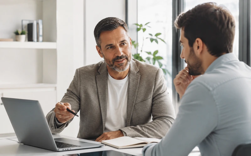 Mentor conversando com o cliente durante uma sessão de mentoria — sistema de agendamento para mentorias