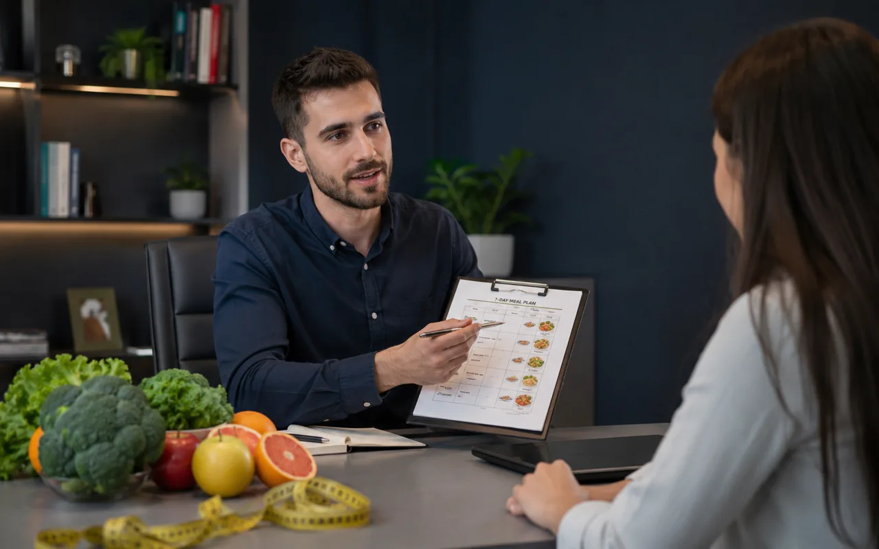 Nutricionista apresentando um plano alimentar para a paciente — sistema de agendamento para nutricionistas