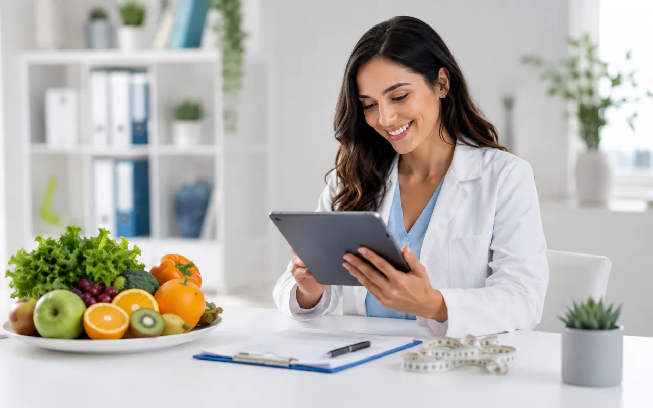 Nutricionista atendendo uma paciente no consultório — sistema de agendamento online para nutricionistas