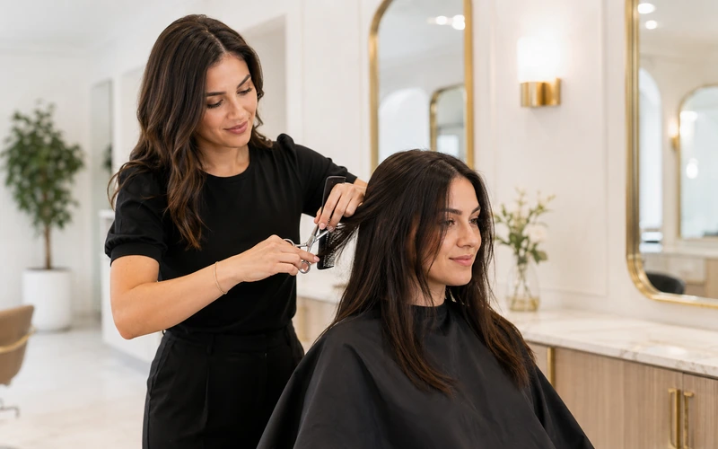 Cabeleireira cortando o cabelo da cliente no salão — sistema de agendamento para salões de beleza