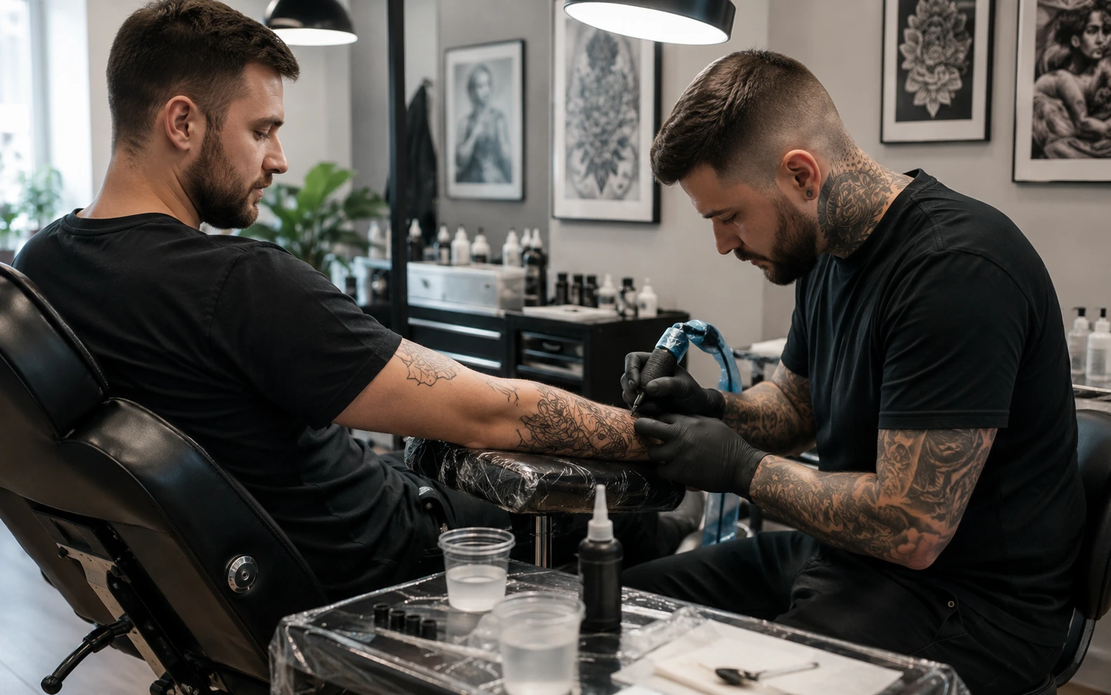 Tatuador aplicando uma tatuagem no braço do cliente no studio — sistema de agendamento para studios de tatuagem