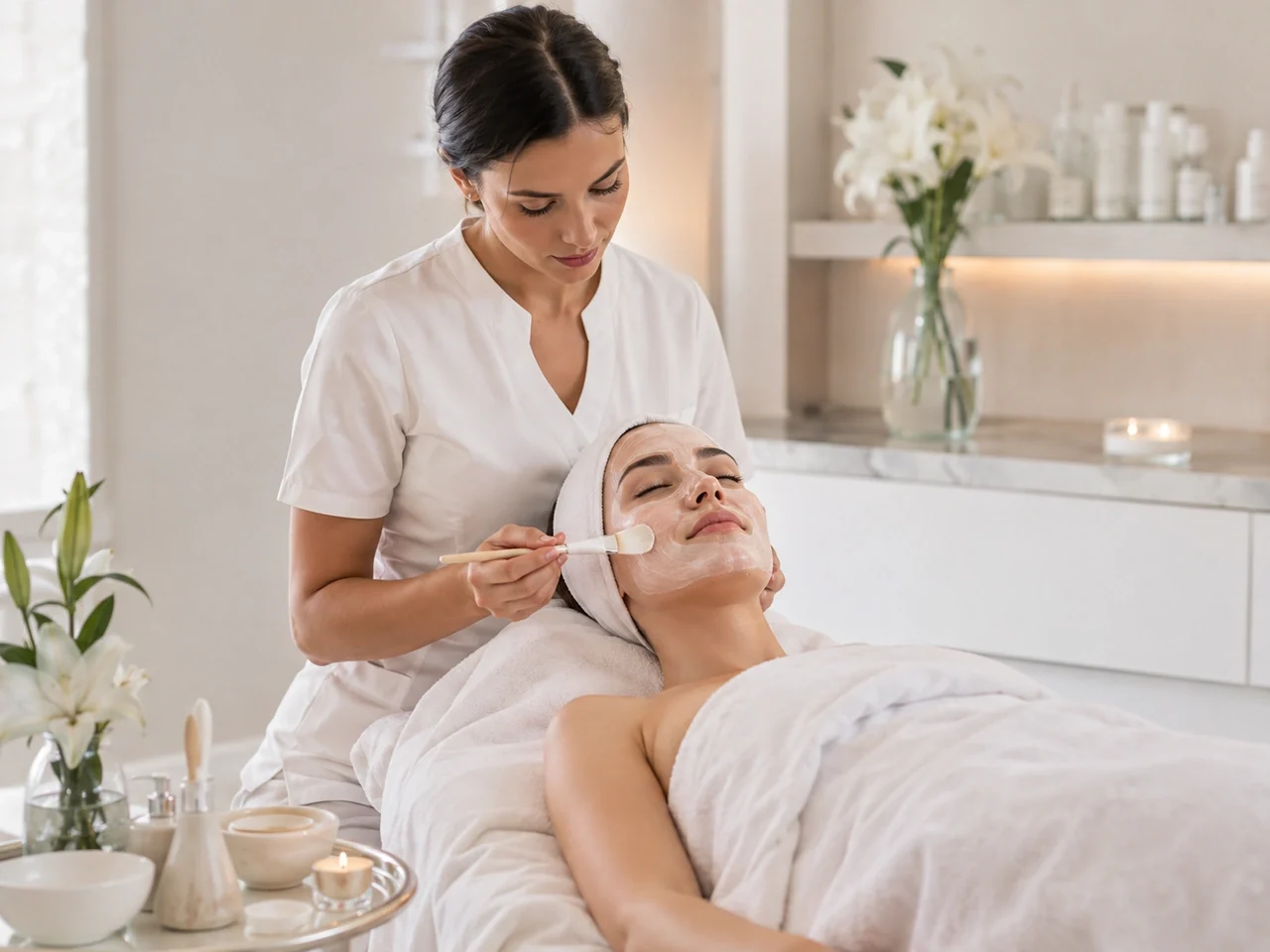 Esteticista aplicando máscara facial em cliente na cabine de tratamento de um spa — sistema de agendamento para spas