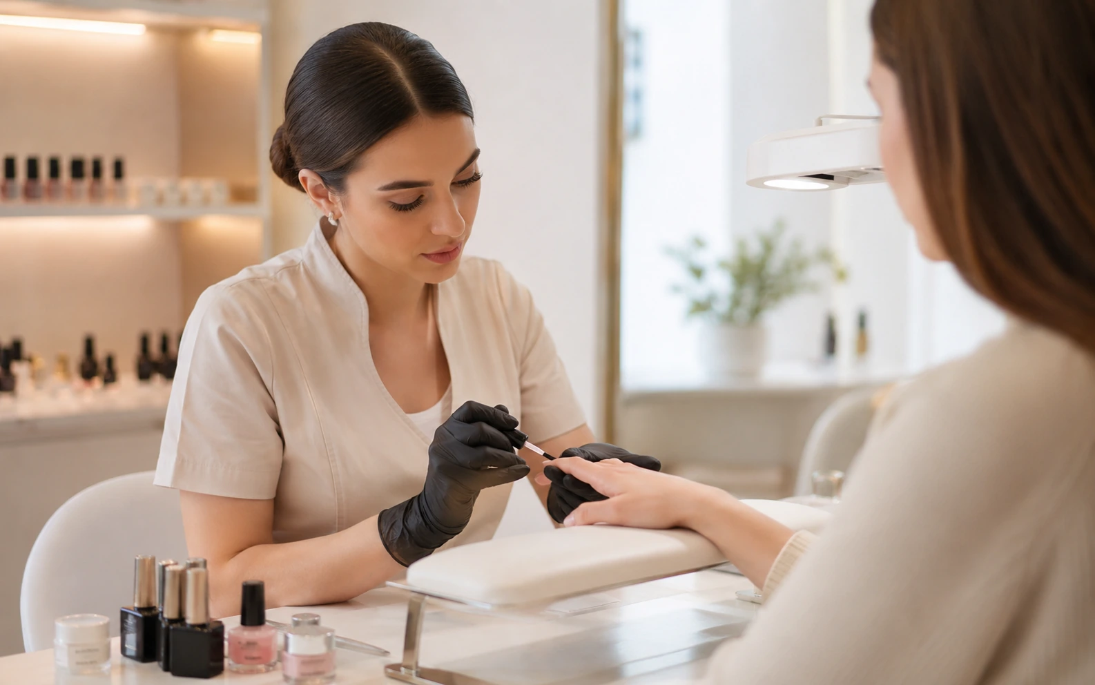 Detalhe da aplicação de unhas em gel no studio — sistema de agendamento para studios de unhas