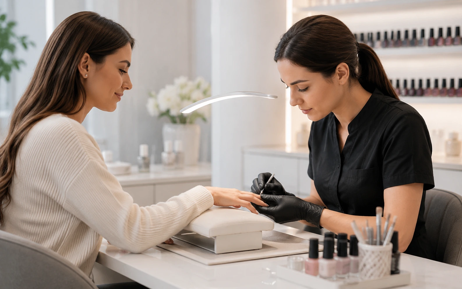 Manicure fazendo as unhas de uma cliente no studio