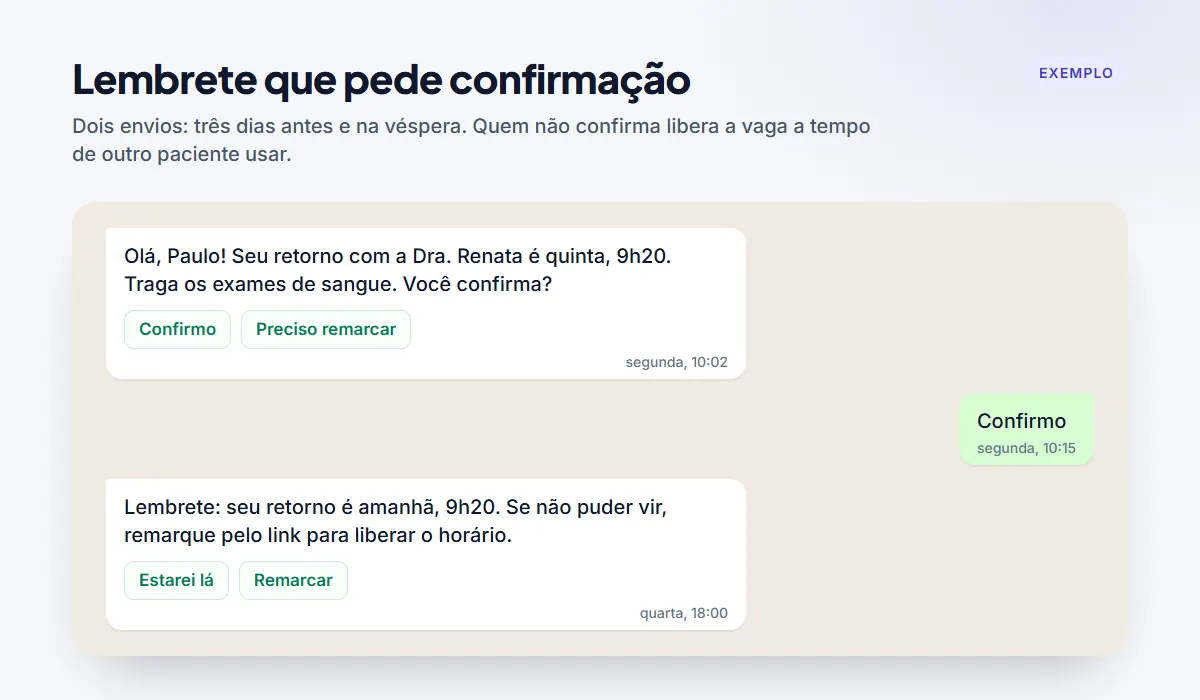 Lembrete do consultório médico no WhatsApp pedindo confirmação do retorno, com opção de remarcar